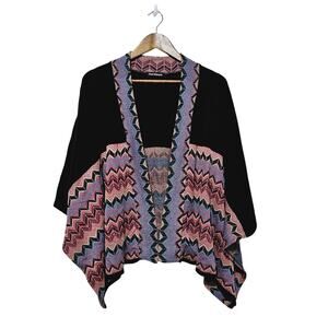 Cool Attitude Sweater Poncho Kimono Black Chevron Design Boho Casual Lightweight